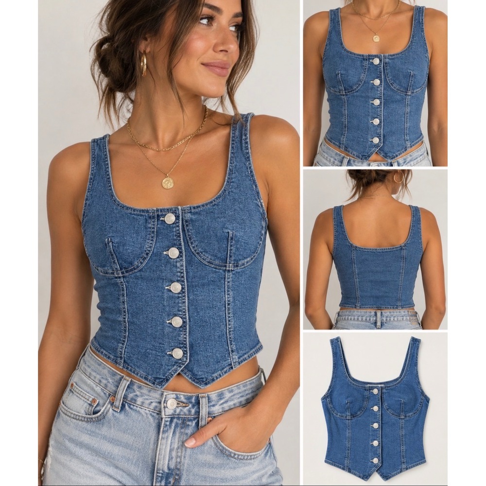 Statement Denim Button Front Corset Bustier Crop Top Medium Wash Medium